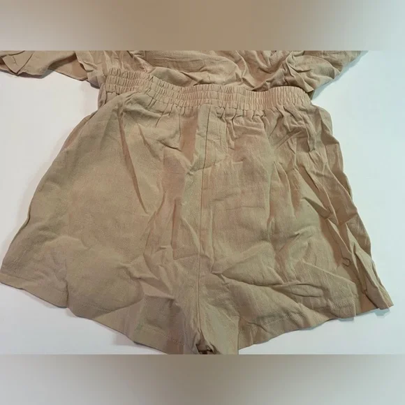 Shein Drop Shoulder Button Up Tan Shirt & Knot Front Shorts New in Package Sz 6 - Picture 6 of 7